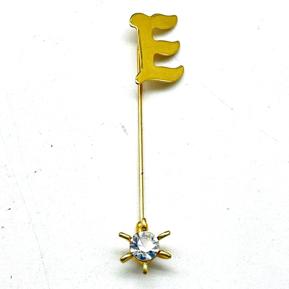 Vintage Letter E Stick Pin Gold Tone Clear Rhinestone Flower Initial Lapel